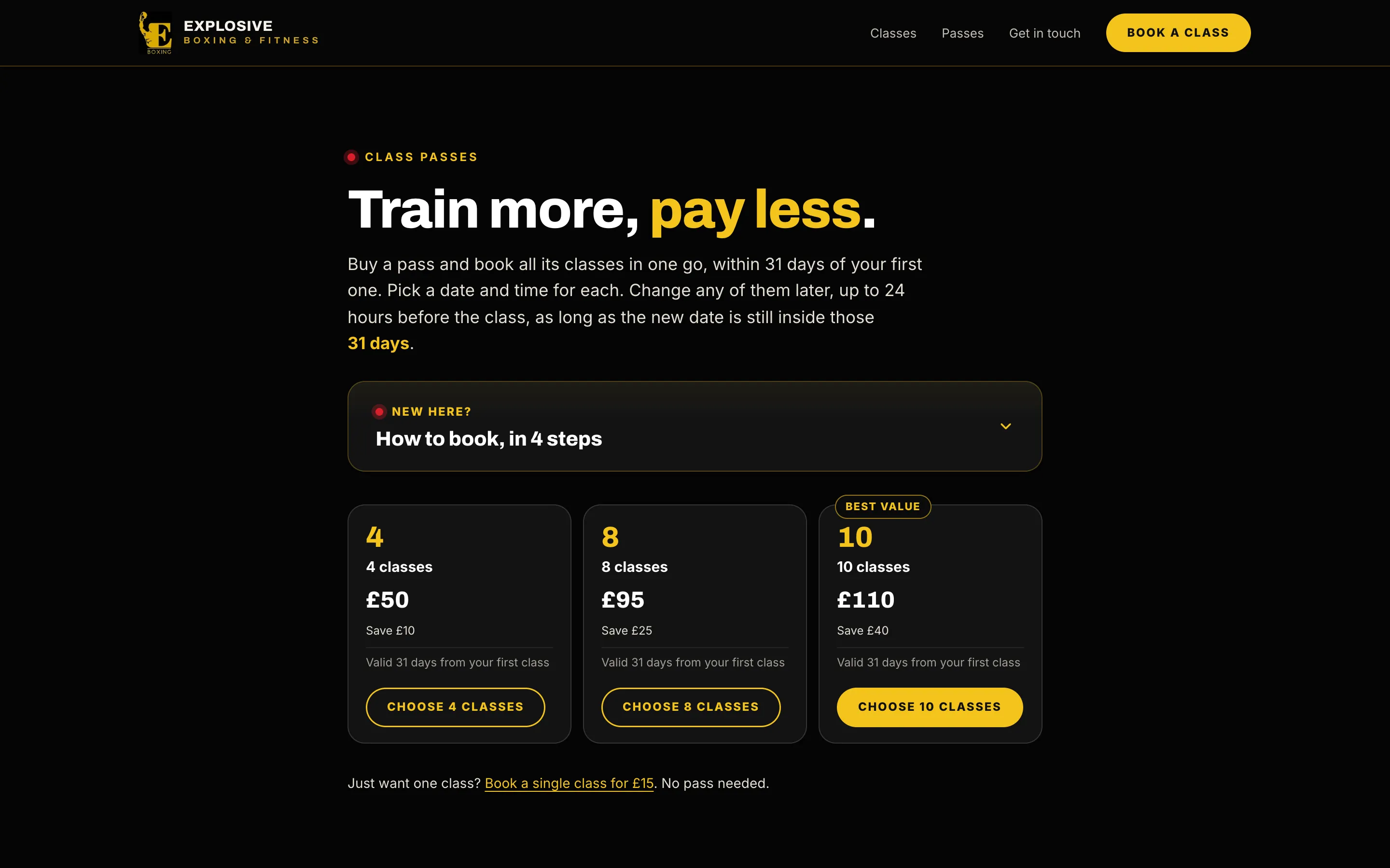 The gym’s passes page: 4 classes for £50, 8 for £95 and 10 for £110, valid for 31 days from the first class.