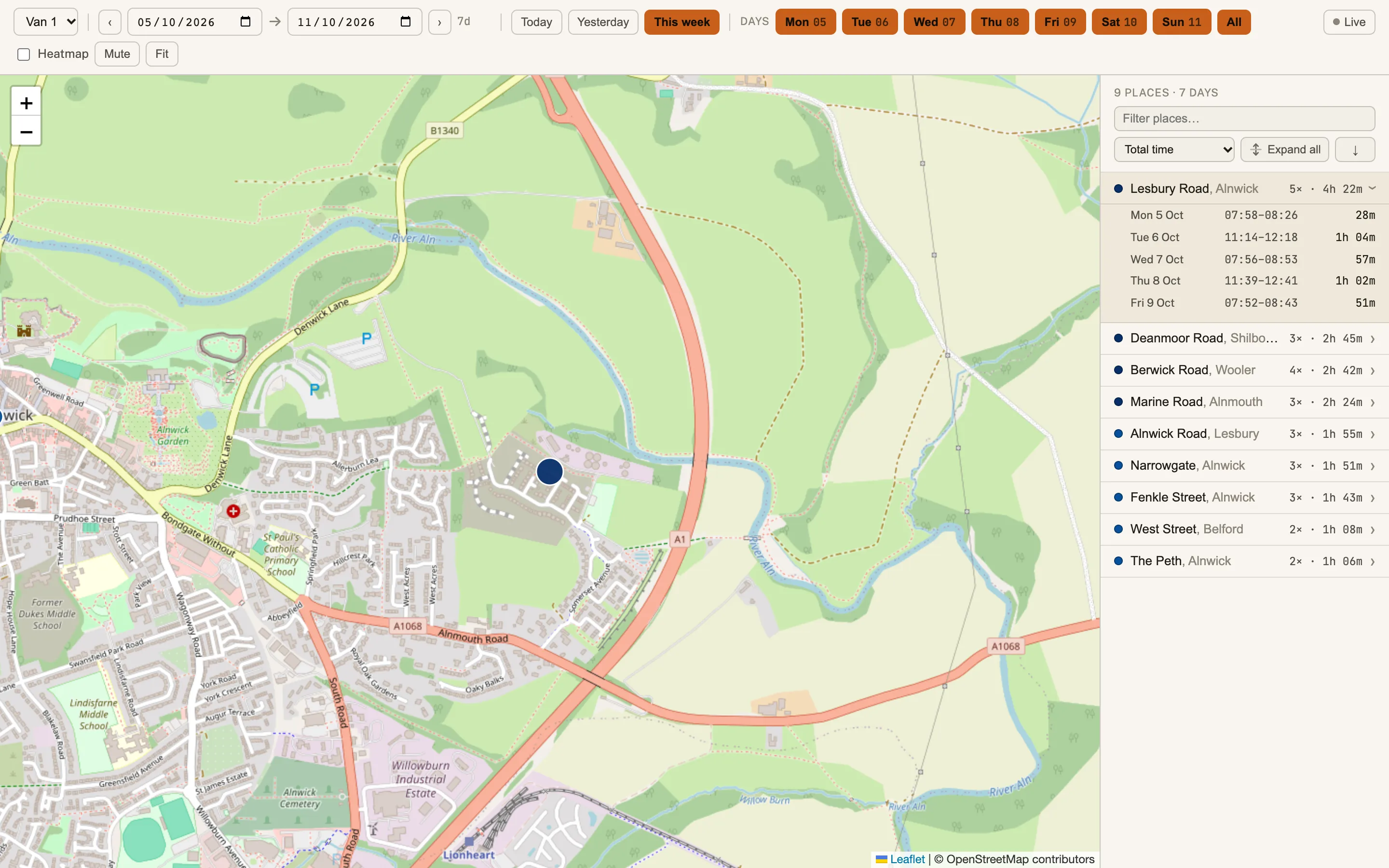 Fleet tracker with sample data: nine places listed beside the map, the first opened to show each day’s visit with its time and how long it lasted.