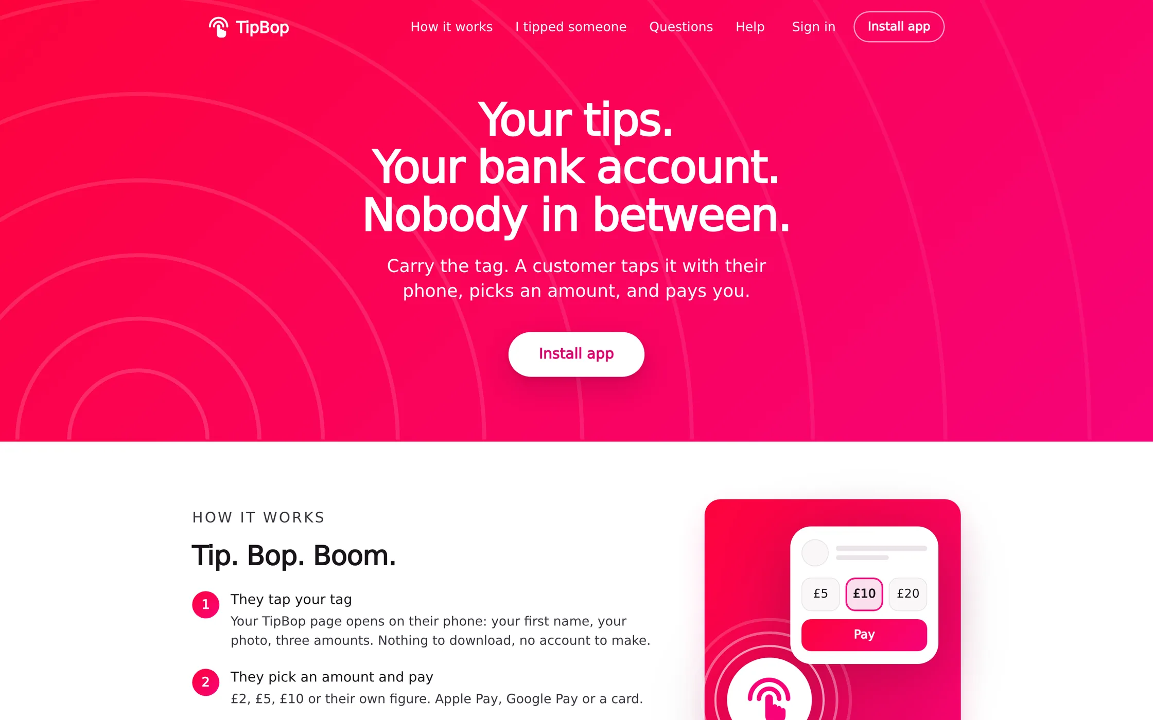 TipBop’s website: Your tips. Your bank account. Nobody in between. Carry the tag; a customer taps it with their phone, picks an amount and pays.