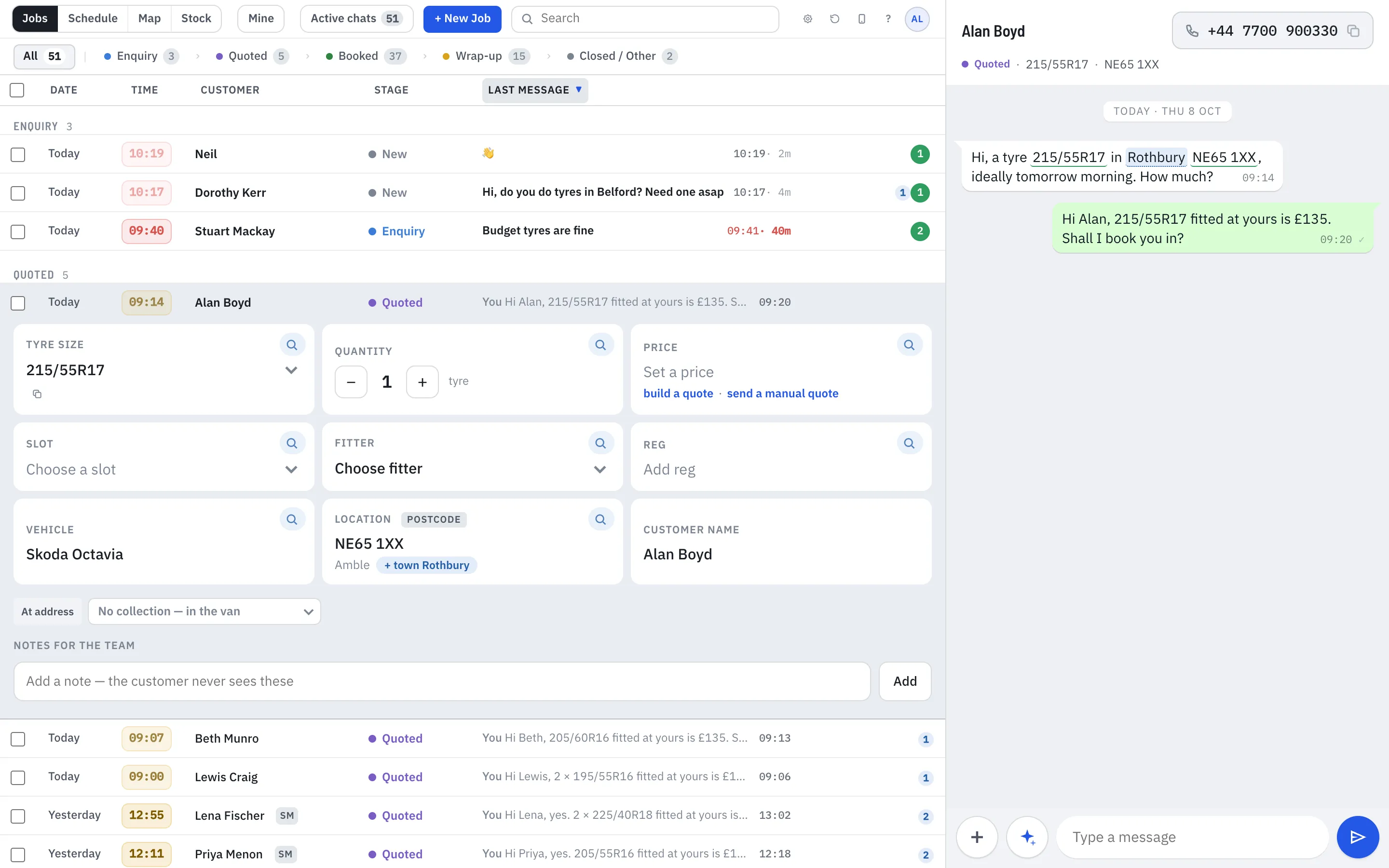 TyreStack’s jobs list with sample data: enquiries, quoted and booked jobs by stage, one quoted job opened to show tyre size, quantity, vehicle and location, and the customer’s WhatsApp chat with the quote reply on the right.