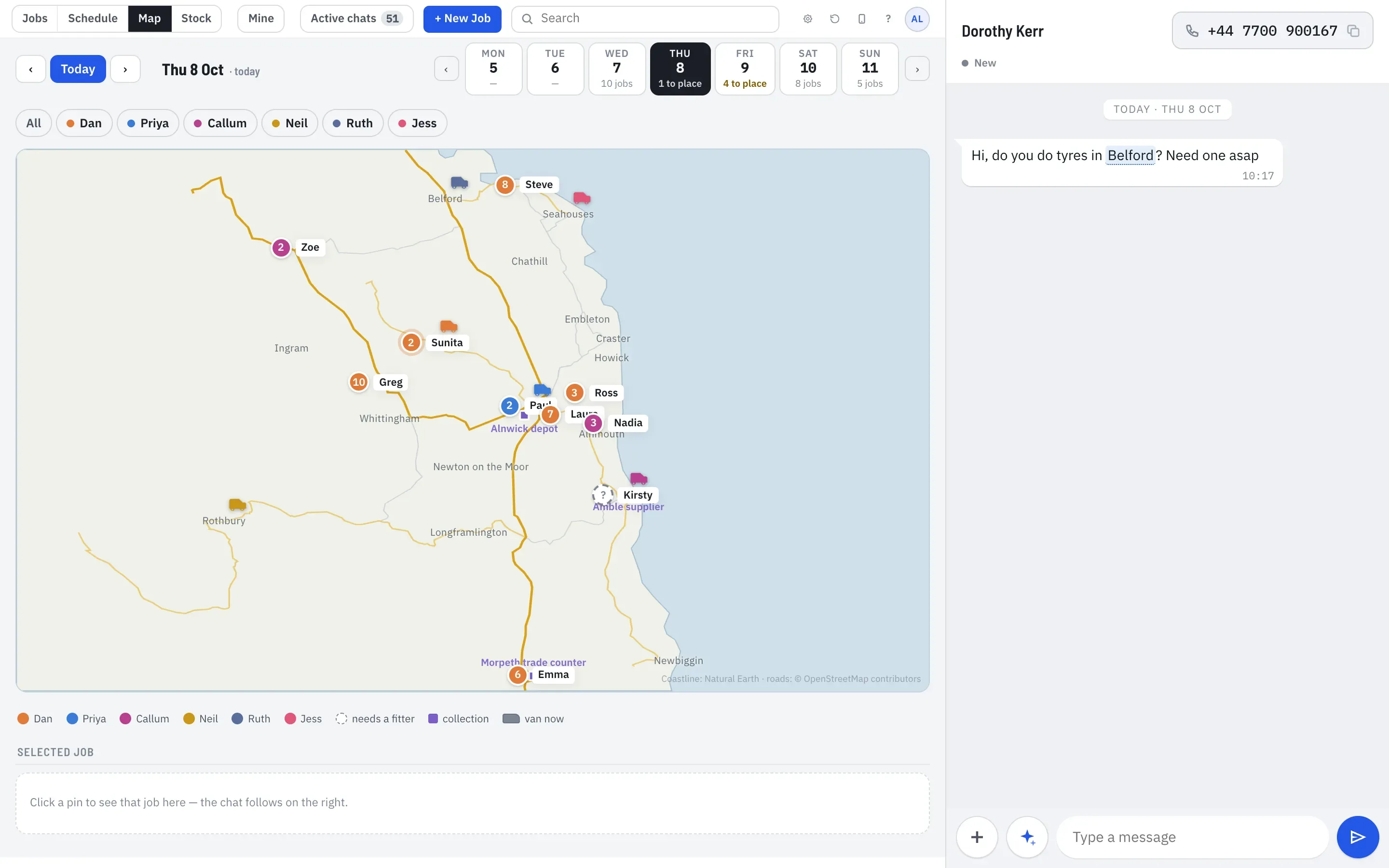 TyreStack’s map with sample data: six fitters’ vans and their numbered jobs along the Northumberland coast, with the depot and a trade counter marked.