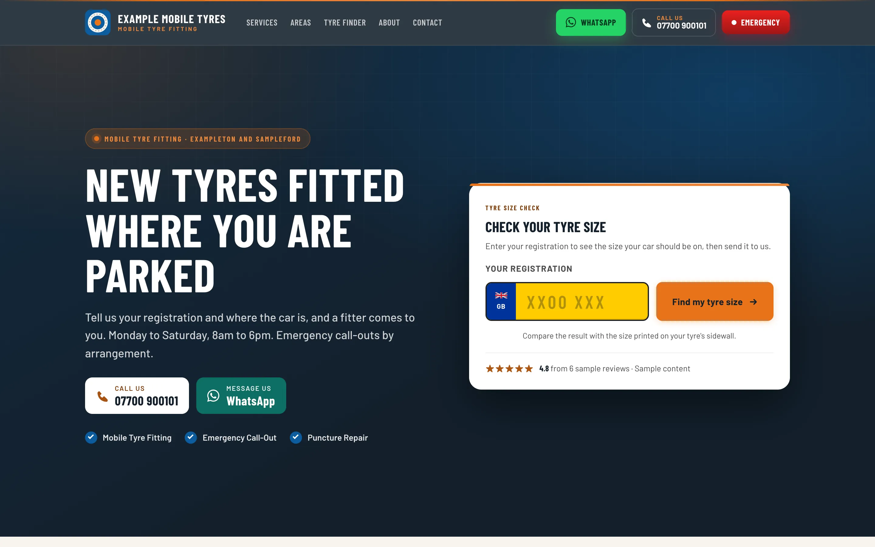 A fitter’s website built on the TyreStack template, sample content: New tyres fitted where you are parked, with a tyre-size check by registration and call and WhatsApp buttons.