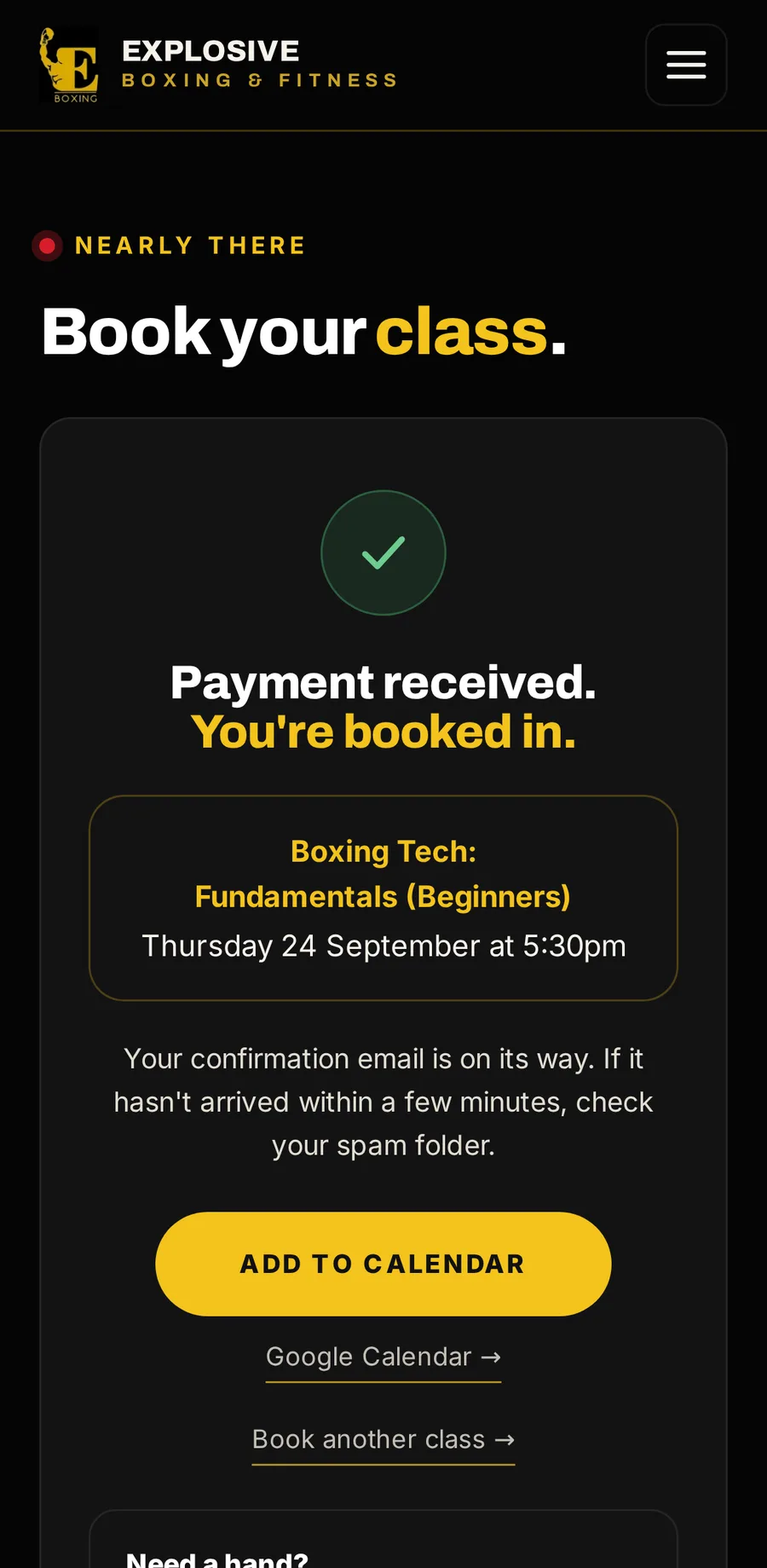Booking on a phone, sample data: Payment received. You’re booked in. Boxing Tech: Fundamentals (Beginners), Thursday 24 September at 5:30pm, with Add to calendar.