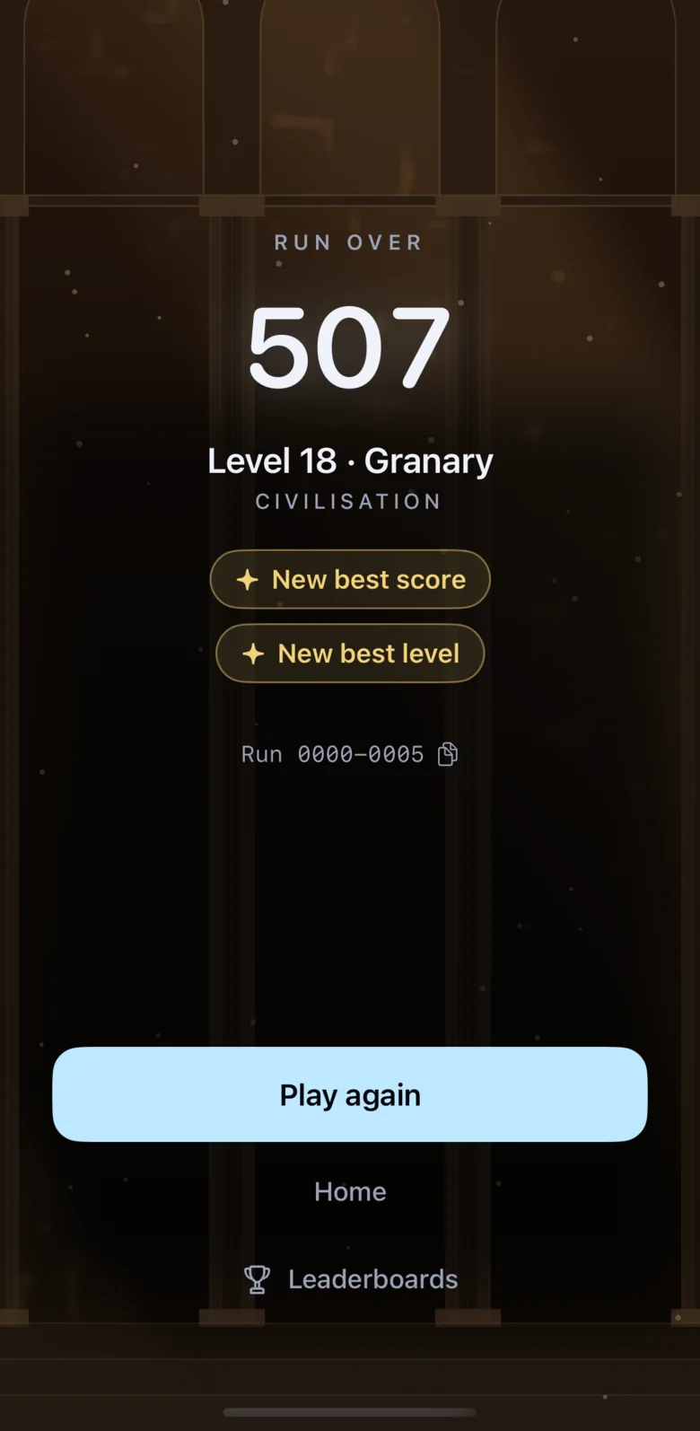 Nascent’s run-over screen: a score of 507, Level 18, Granary, in the Civilisation age, New best score and New best level badges, a run code, and Play again, Home and Leaderboards.