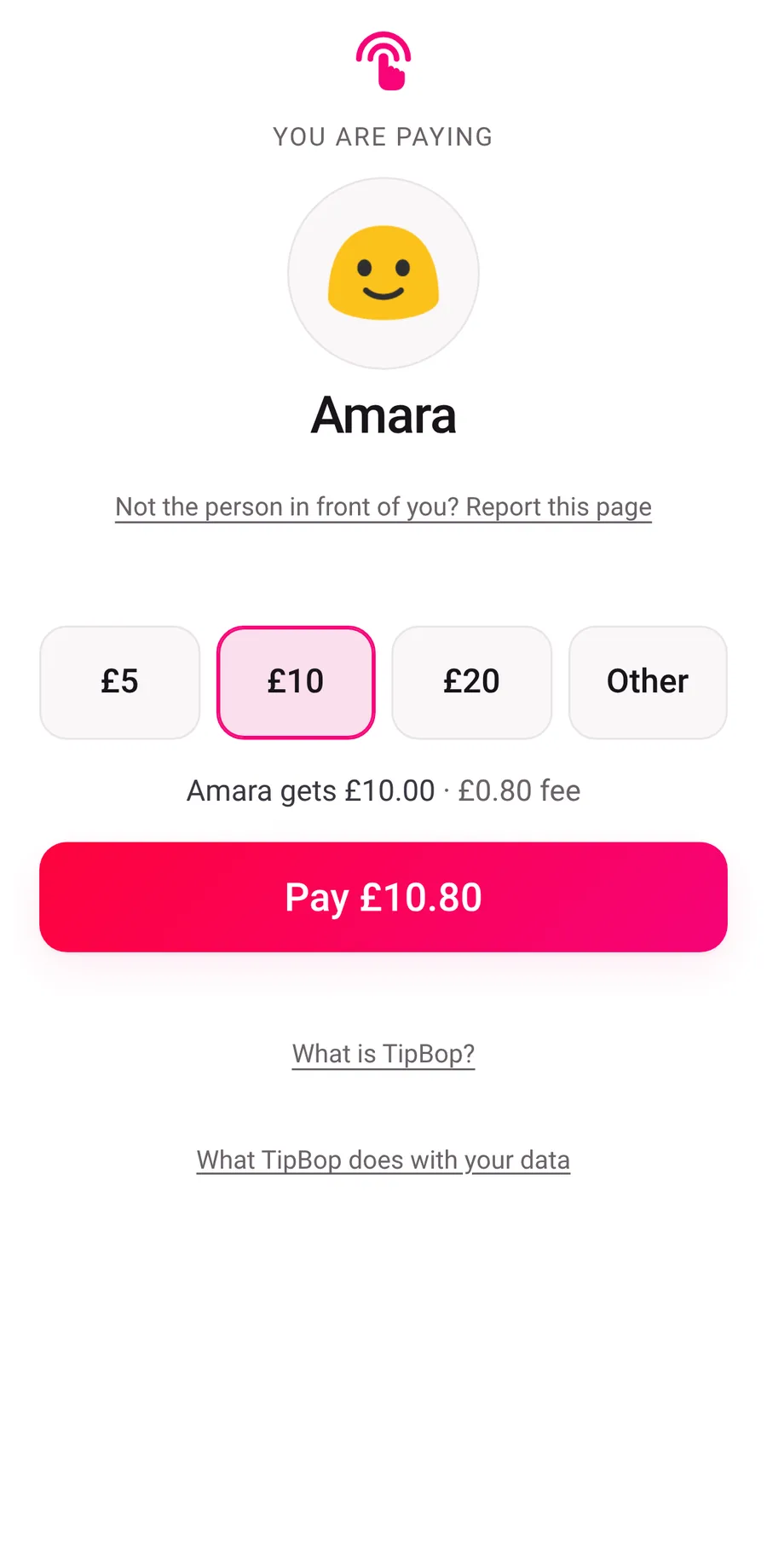 TipBop’s real tip page with £10 selected: Amara gets £10.00, £0.80 fee, and a Pay £10.80 button.