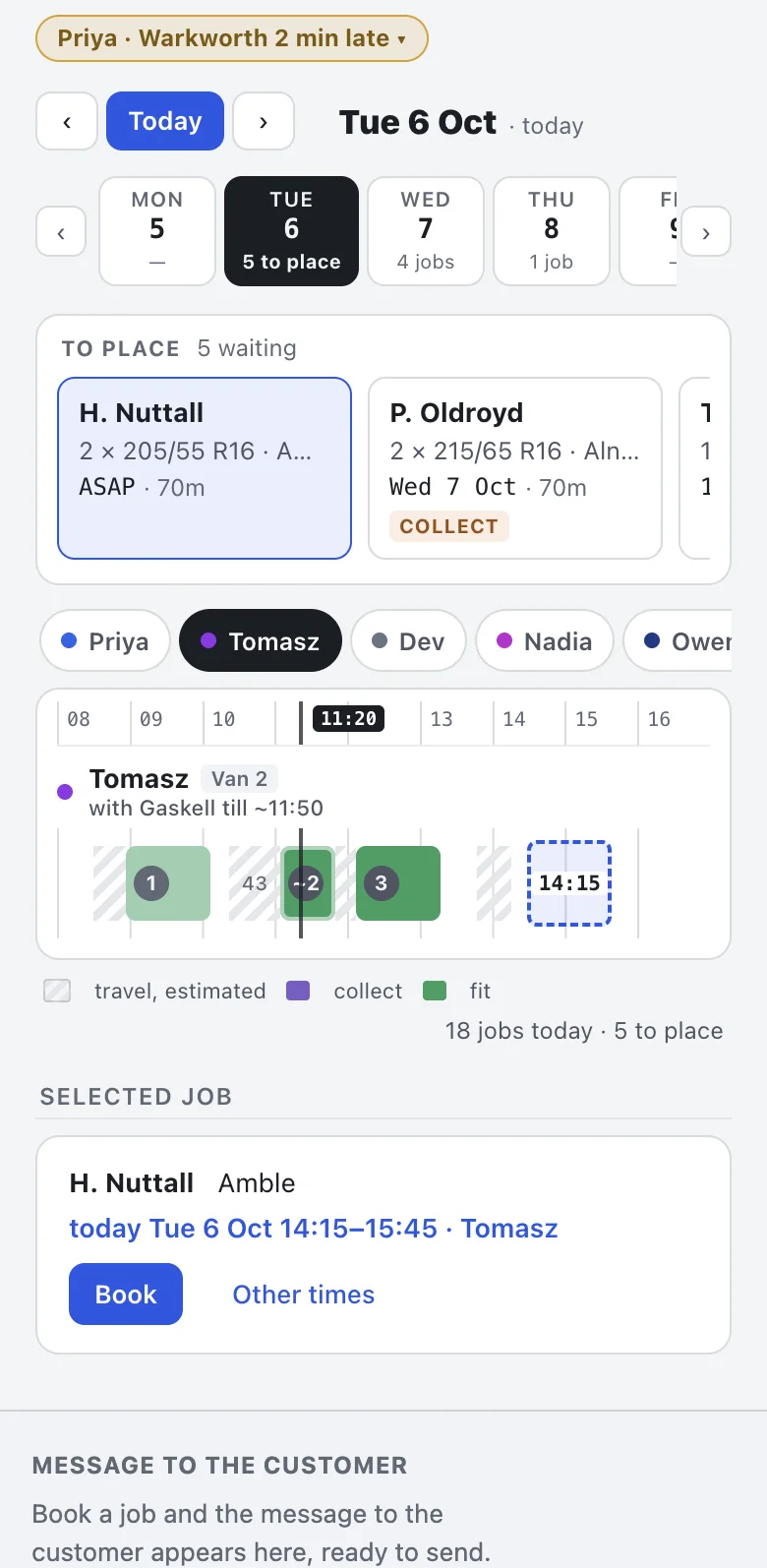 TyreStack on a phone, with sample data: Tuesday 6 October with five jobs waiting to be placed, one fitter’s day on a timeline, and a selected job with Book and Other times.