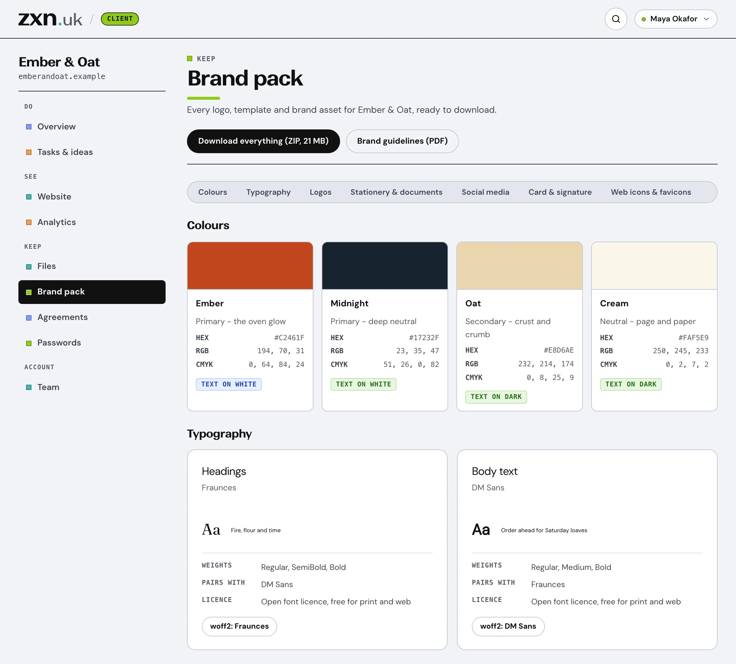 The portal’s Brand pack page for a sample bakery: download buttons, a jump menu, colour cards showing HEX, RGB and CMYK values and whether each works as text on white or on dark, and the heading and body fonts.