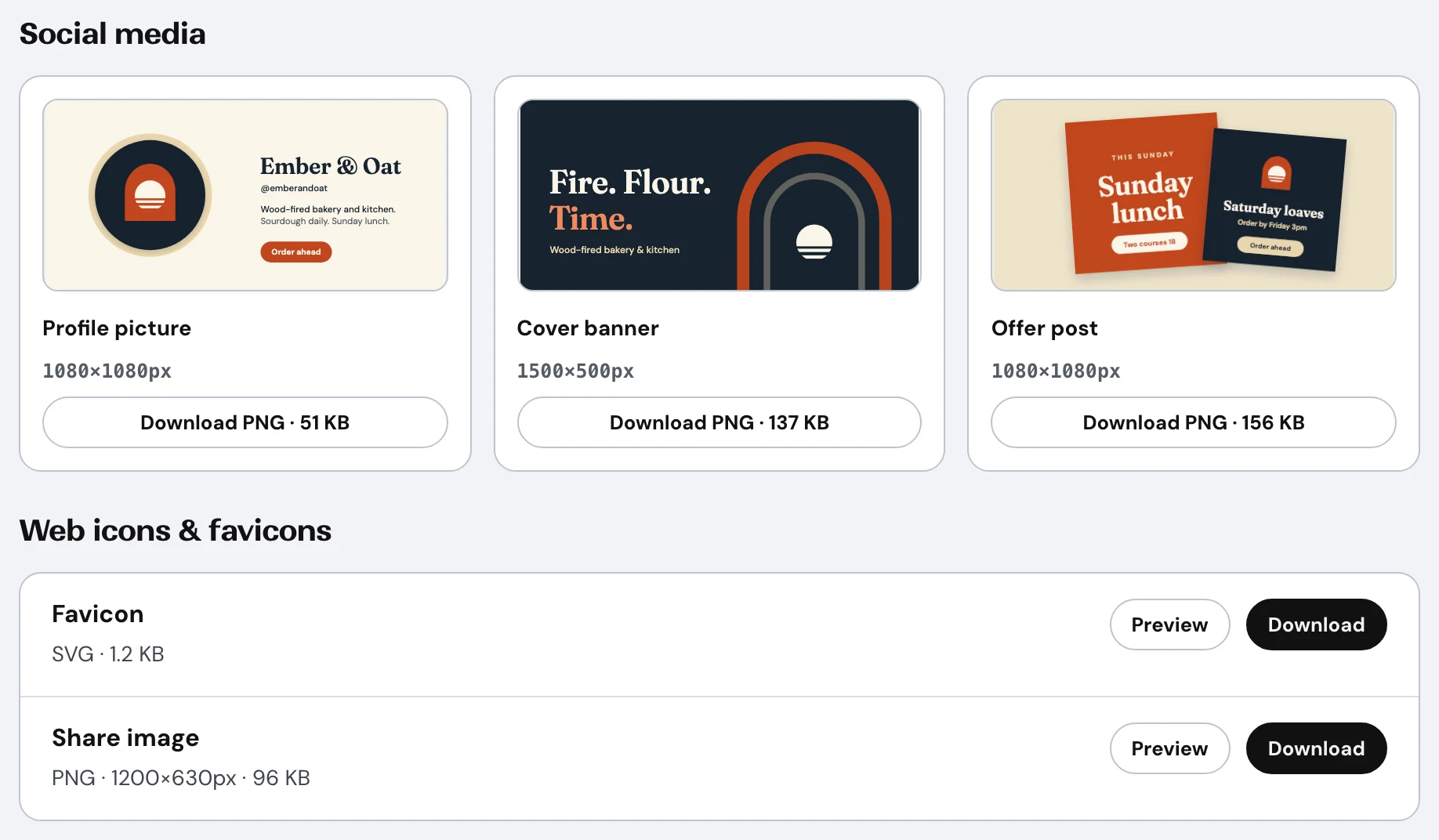 Brand pack for a sample bakery: a social profile picture, cover banner and offer post, and favicon and share image downloads.