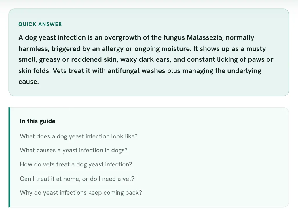 The top of a guide page: a Quick answer box about dog yeast infection above an In this guide contents list of five questions.