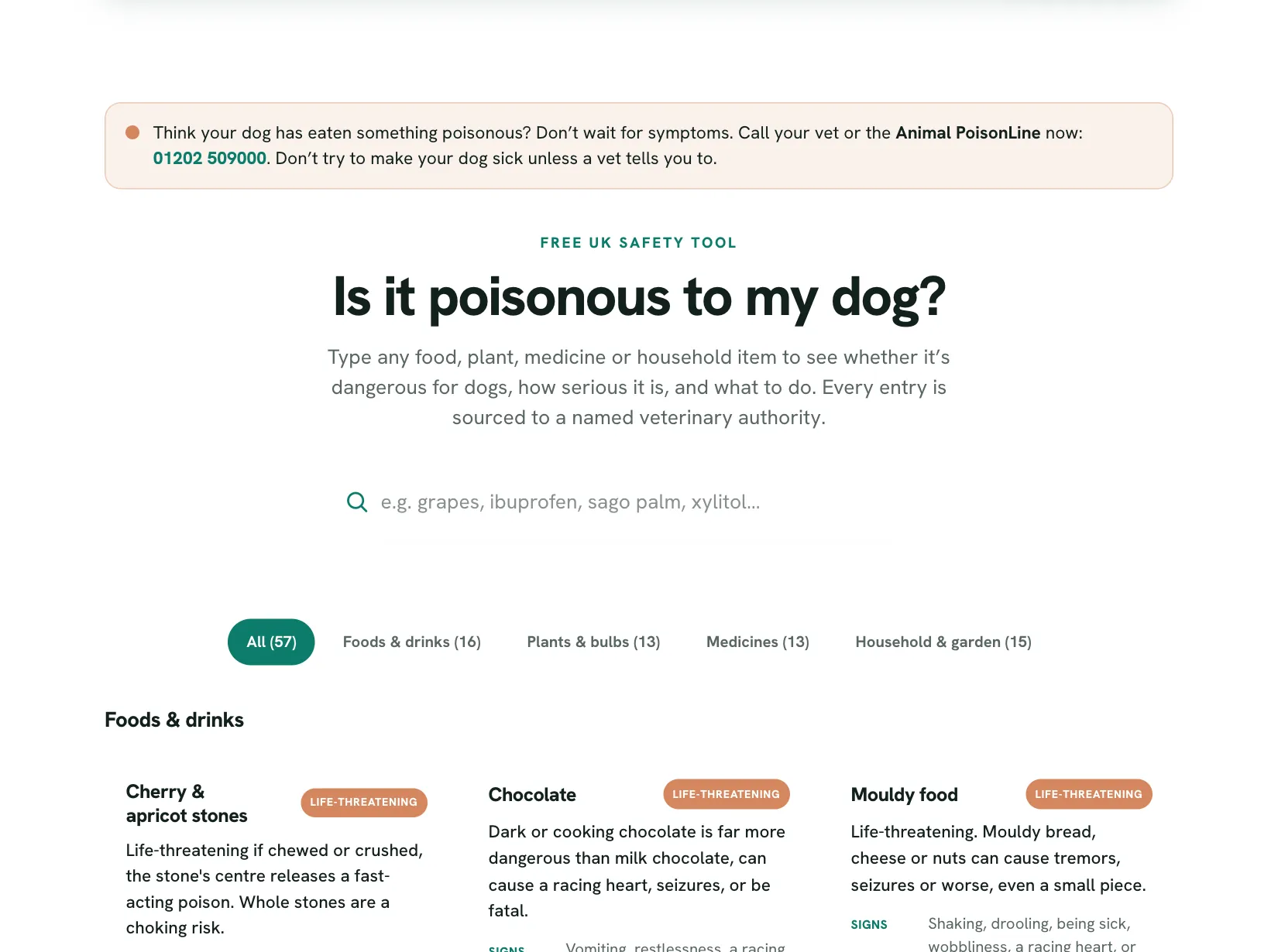 The dog toxin checker: a notice to call a vet or the Animal PoisonLine, the heading Is it poisonous to my dog?, a search box, category filters and the first entries.