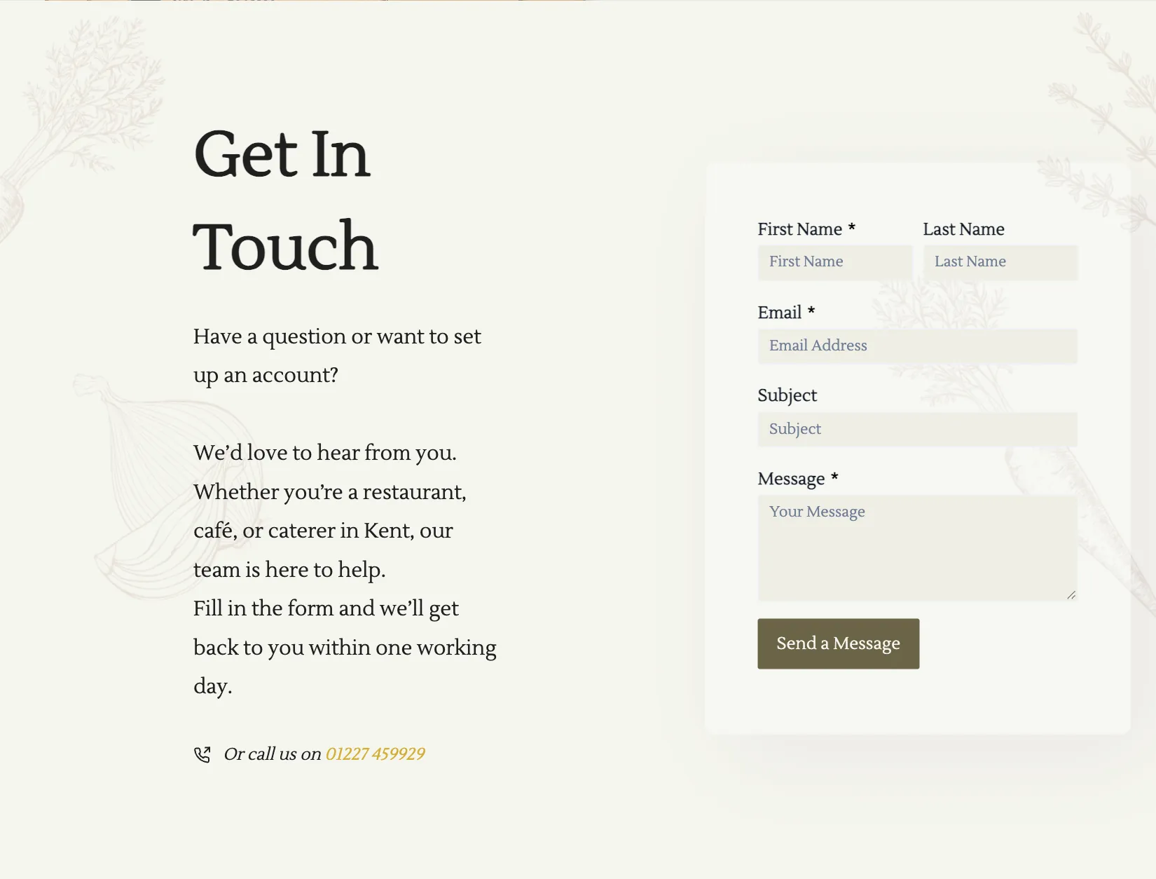 The Get In Touch section: a short welcome, a phone number to call and a form with name, email, subject and message fields and a Send a Message button.