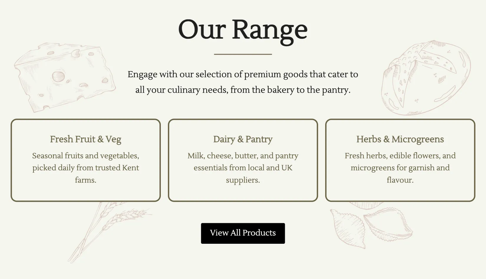 The Our Range section: three boxes for Fresh Fruit & Veg, Dairy & Pantry and Herbs & Microgreens, and a View All Products button.