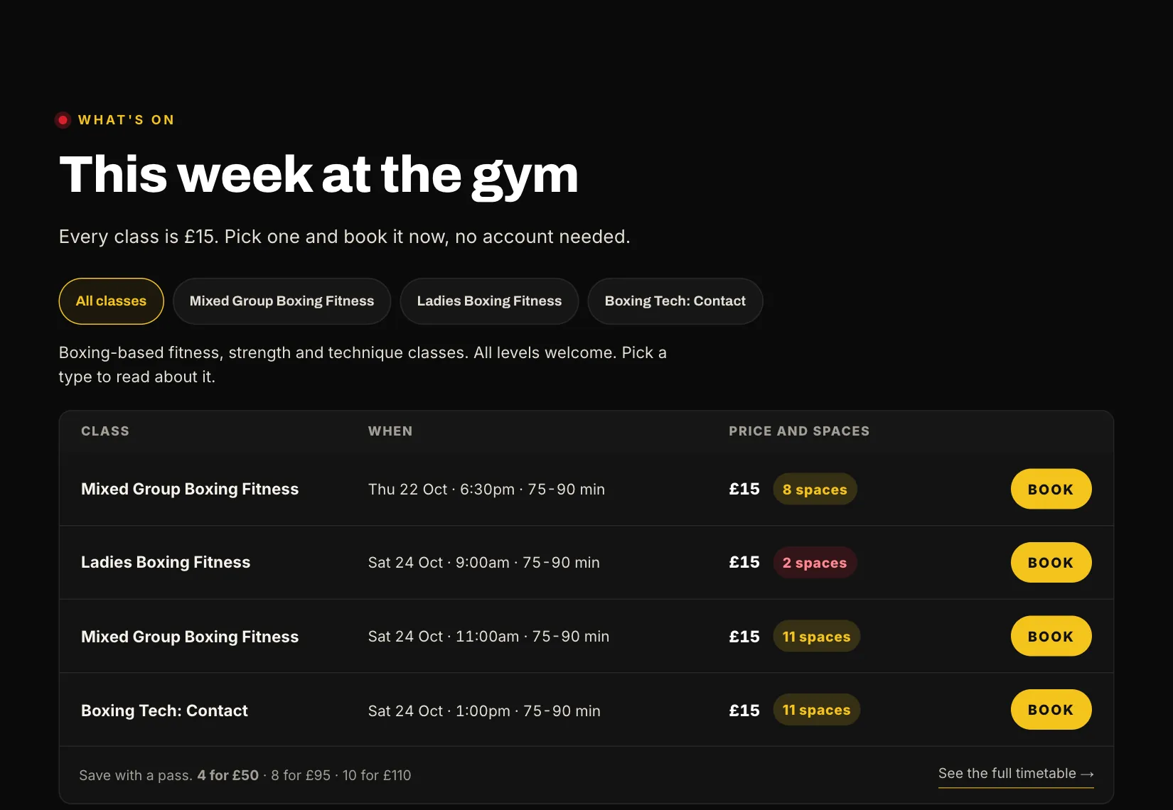 The home page section This week at the gym: class type filters and a table of the week’s classes with their day, time, price and spaces left, each with a Book button.