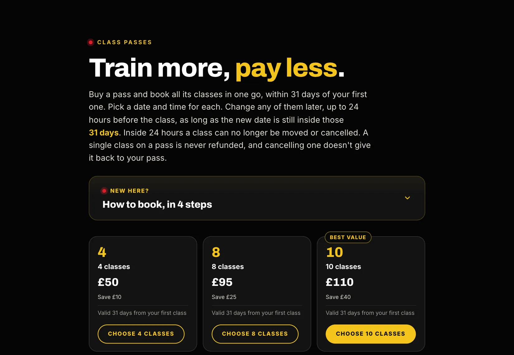 The class passes page: Train more, pay less, the rules for passes, and a four, eight and ten class pass at £50, £95 and £110.