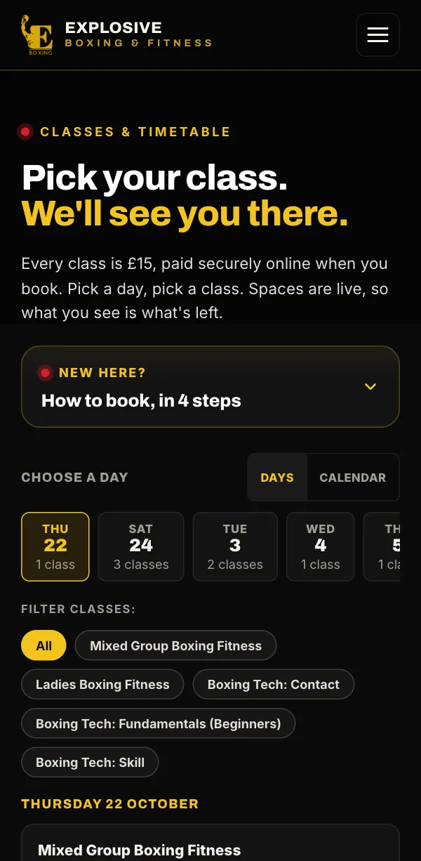 Class booking on the gym’s website on a phone: Pick your class, every class £15, with a choice of day and class filters.