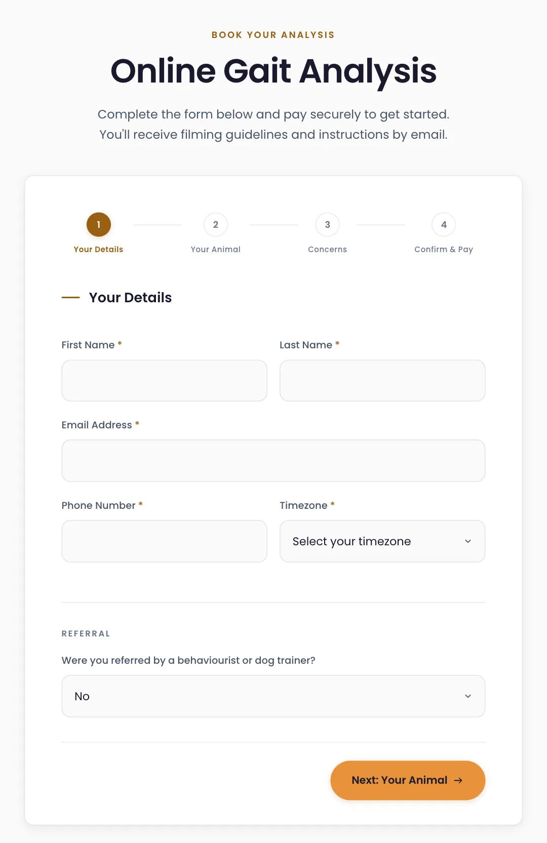 The Online Gait Analysis booking form at step 1 of 4: the steps Your Details, Your Animal, Concerns and Confirm & Pay above empty name, email and phone fields.