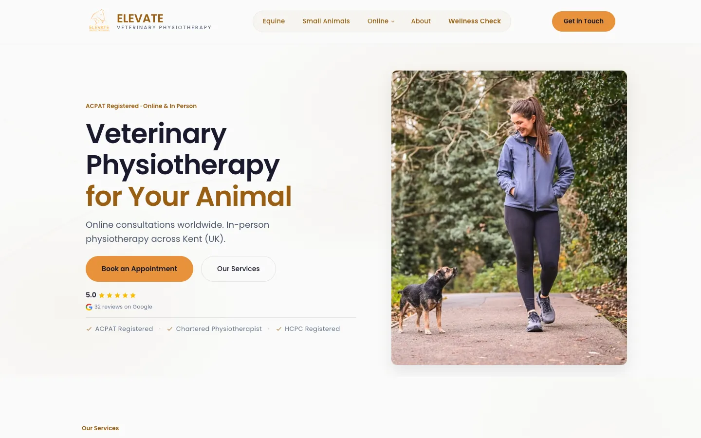 Elevate Vet Physio website on a desktop: Veterinary Physiotherapy for Your Animal, with a Book an Appointment button.