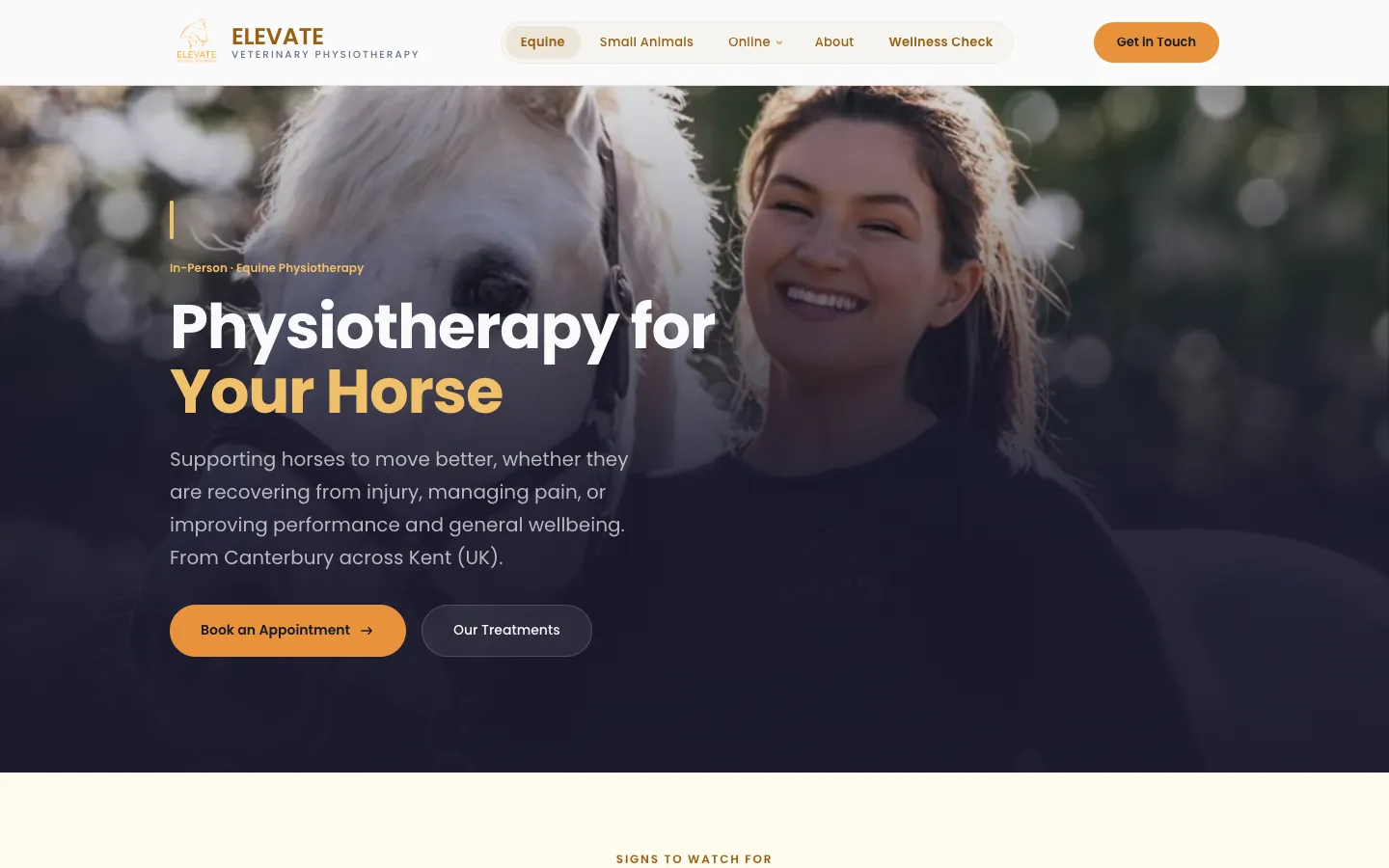 The equine page: the heading Physiotherapy for Your Horse over a photo of a pony and a smiling woman, with Book an Appointment and Our Treatments buttons.