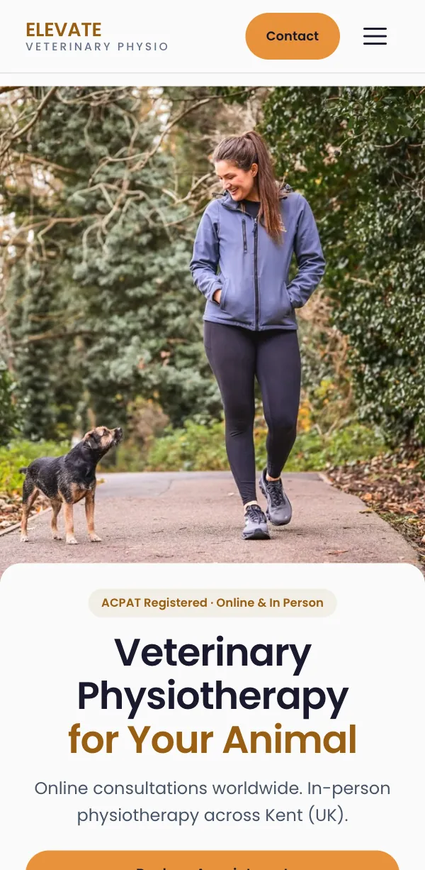 Elevate Vet Physio website on a phone: Veterinary Physiotherapy for Your Animal, with a photo of a woman walking a dog and a Contact button in the header.