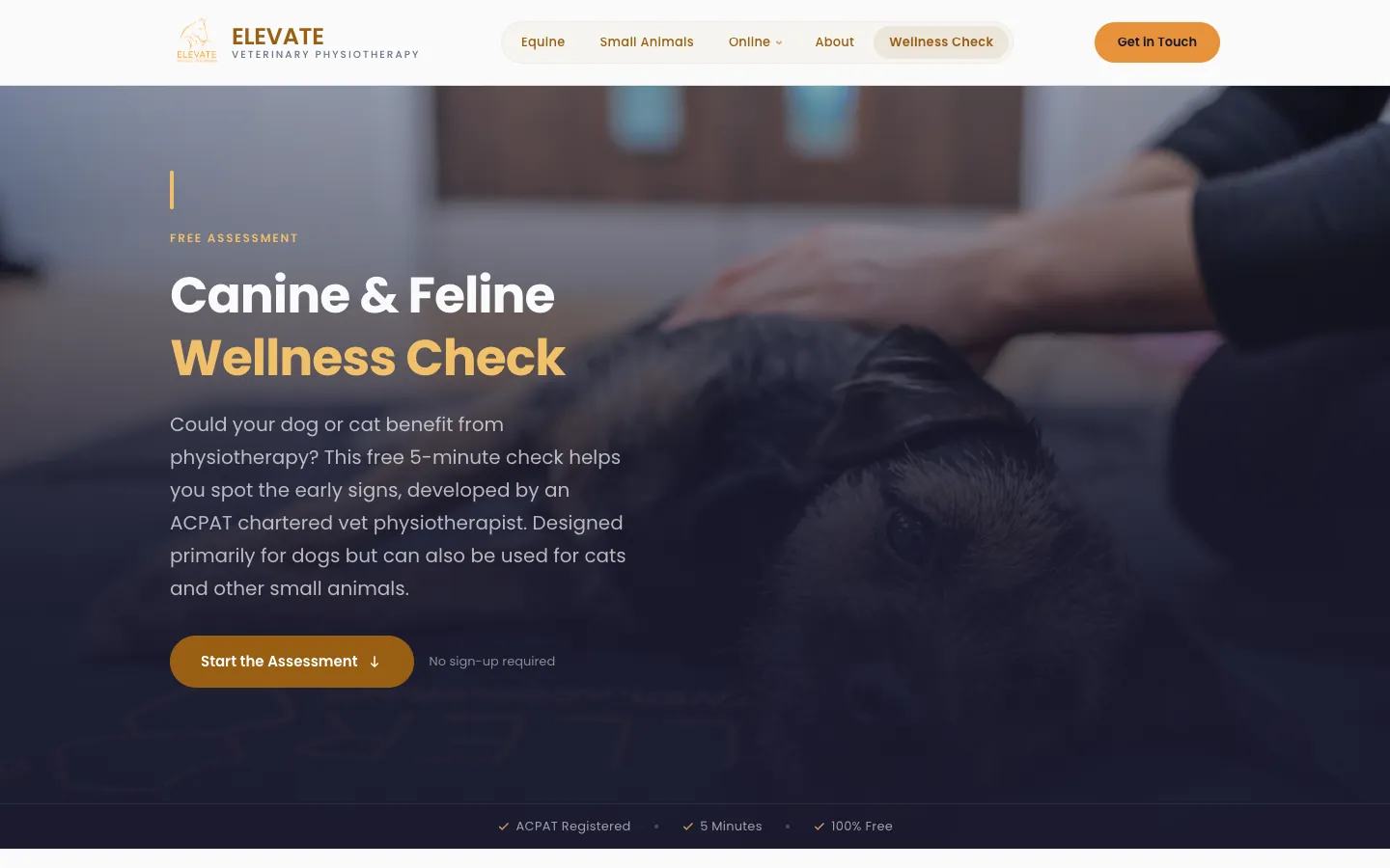 The Canine & Feline Wellness Check page: the heading, a short introduction, a Start the Assessment button and a note that no sign-up is required.