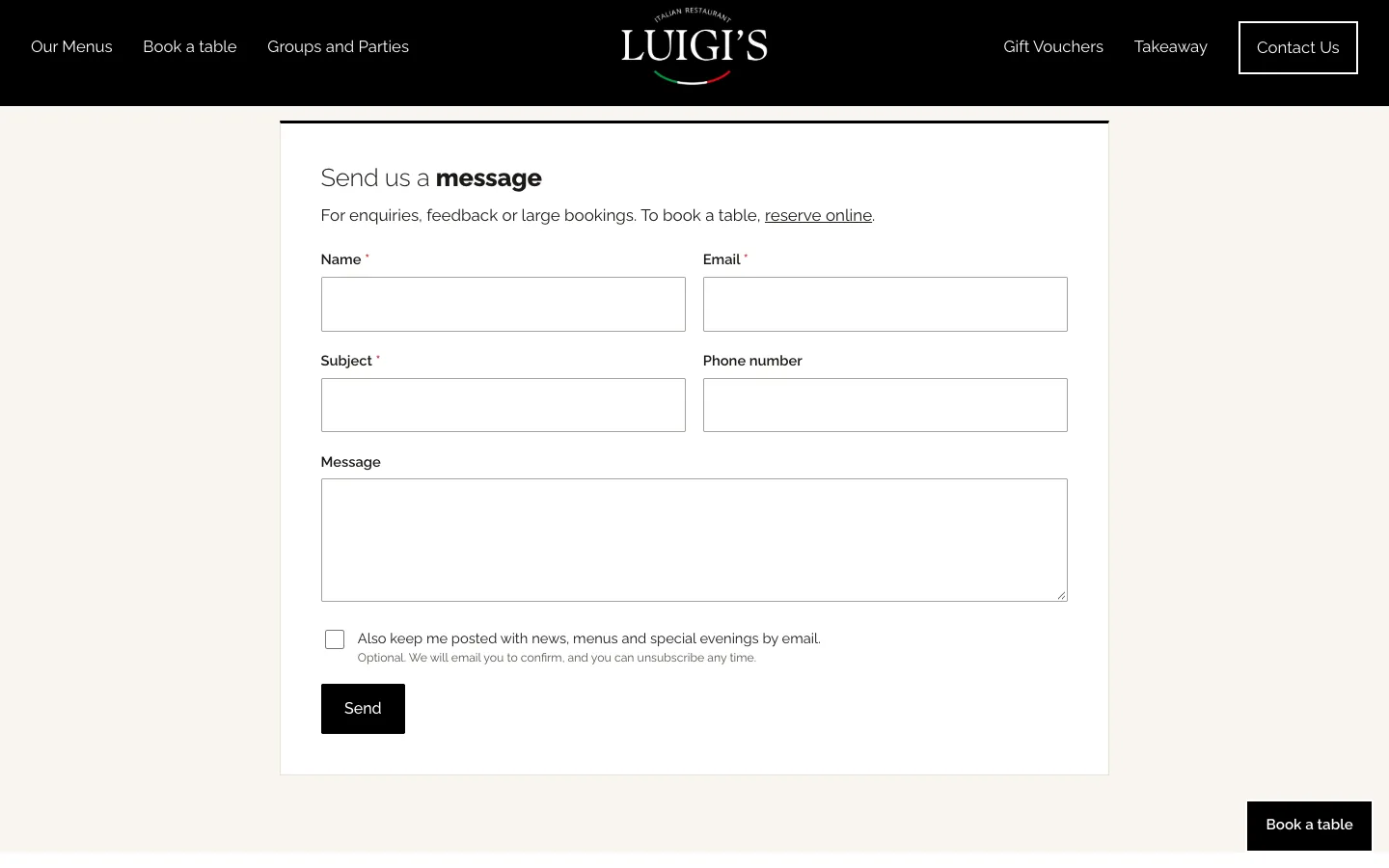 The Send us a message form on the home page: Name, Email, Subject, Phone number and Message fields, an optional box to receive news by email, and a Send button.