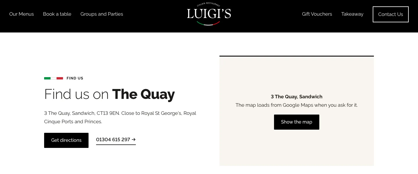 The Find us on The Quay section: the address 3 The Quay, Sandwich, CT13 9EN, Get directions and phone buttons, and a panel with a Show the map button that says the map is only loaded when asked for.