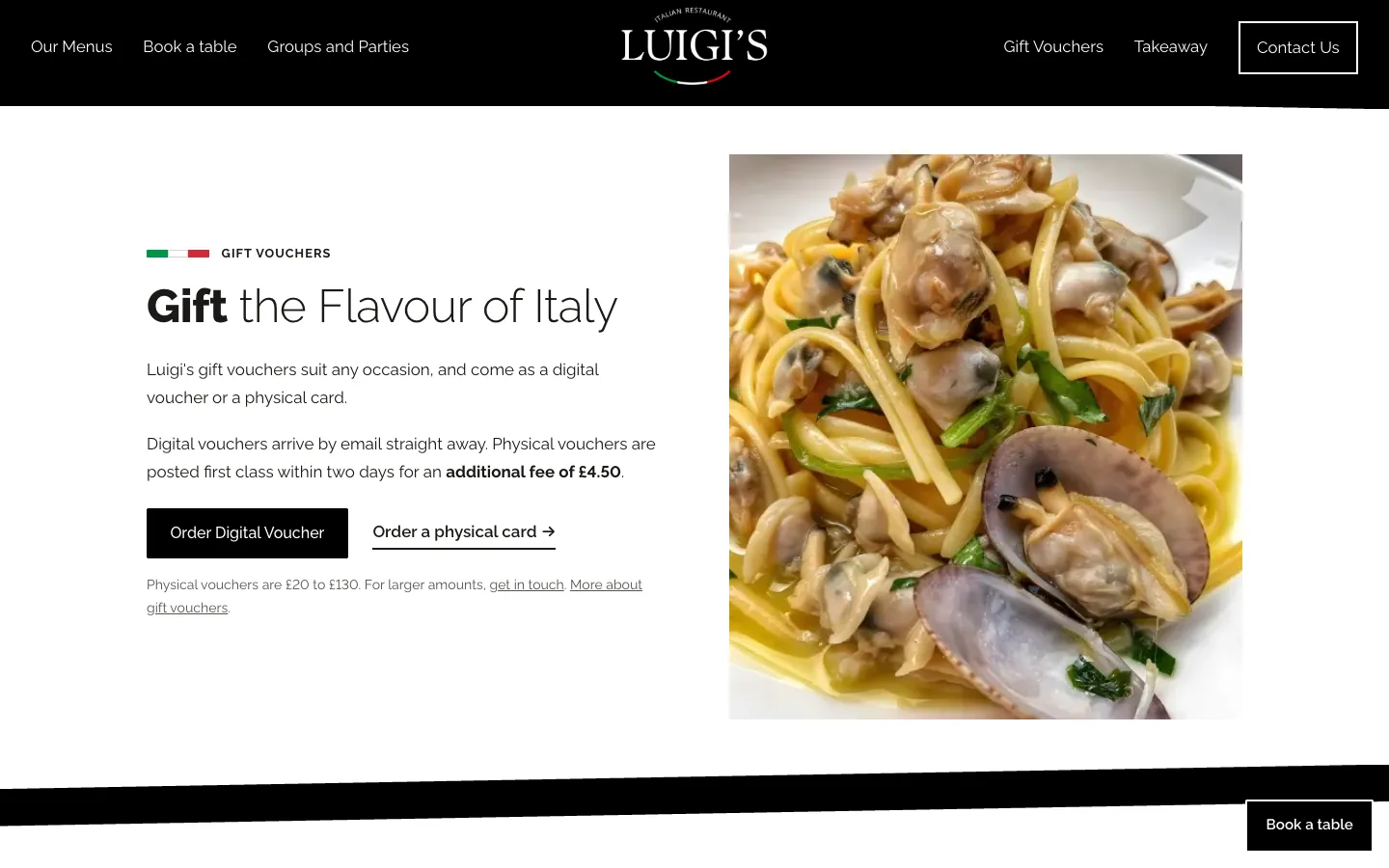The Gift Vouchers section of the home page: the heading Gift the Flavour of Italy, a note that digital vouchers arrive by email and physical ones are posted, Order Digital Voucher and Order a physical card links, and a photo of a clam pasta dish.