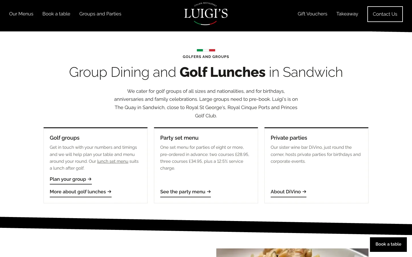 The Group Dining and Golf Lunches section of the home page, with three cards: Golf groups, Party set menu and Private parties, each with a link.
