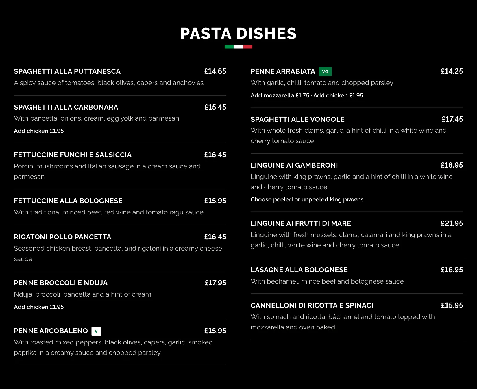The Pasta Dishes section of the main menu page: dish names in capitals with a description and price for each, in two columns, such as Spaghetti alla Carbonara and Linguine ai Frutti di Mare.