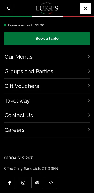 The full-screen menu on a phone: an Open now until 21:00 status, a green Book a table button, links to Our Menus, Groups and Parties, Gift Vouchers, Takeaway, Contact Us and Careers, the phone number and address.
