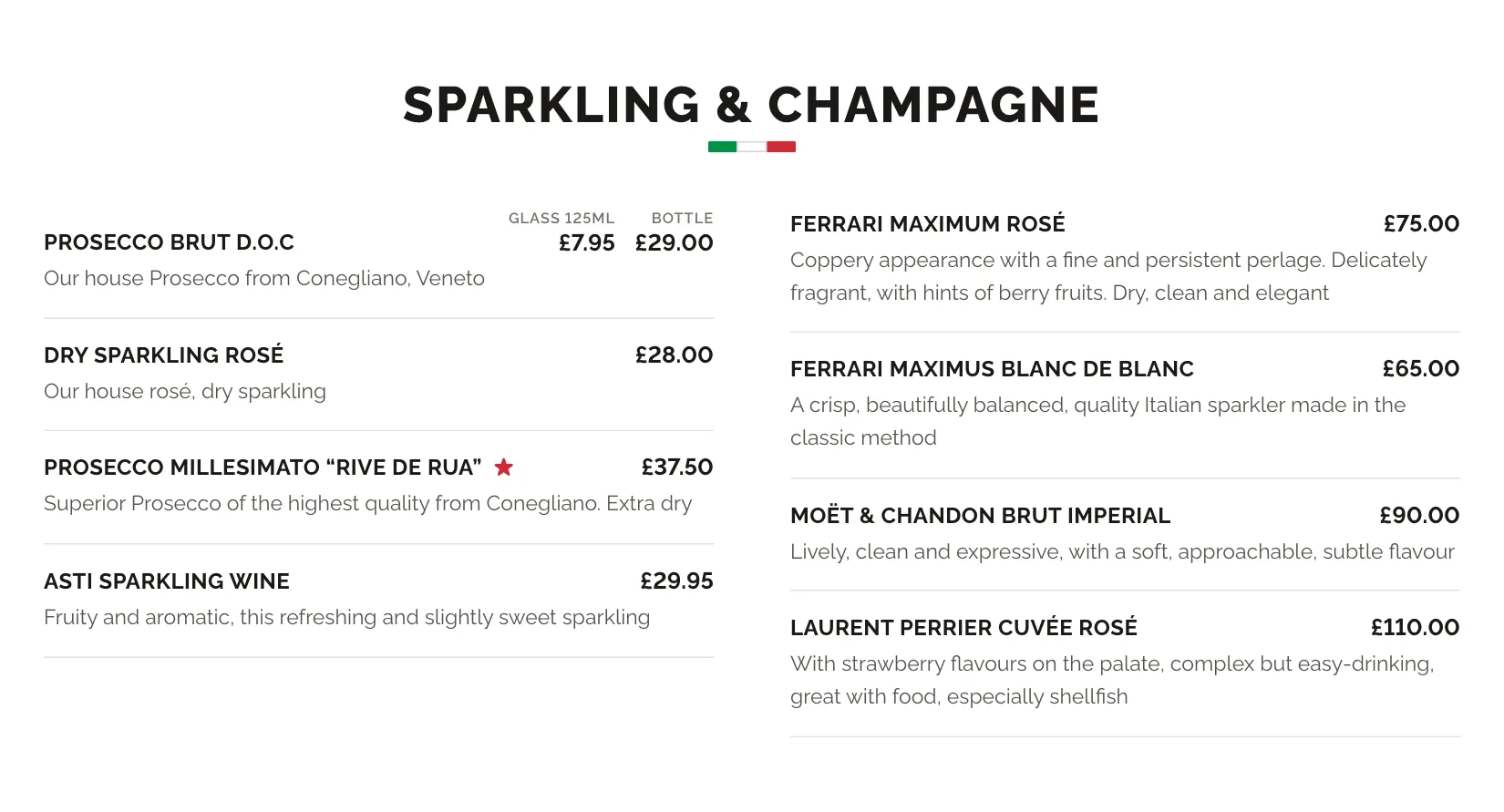 The Sparkling & Champagne section of the wine list page: Prosecco, Asti and champagnes in two columns, with the price of each by the glass or the bottle.