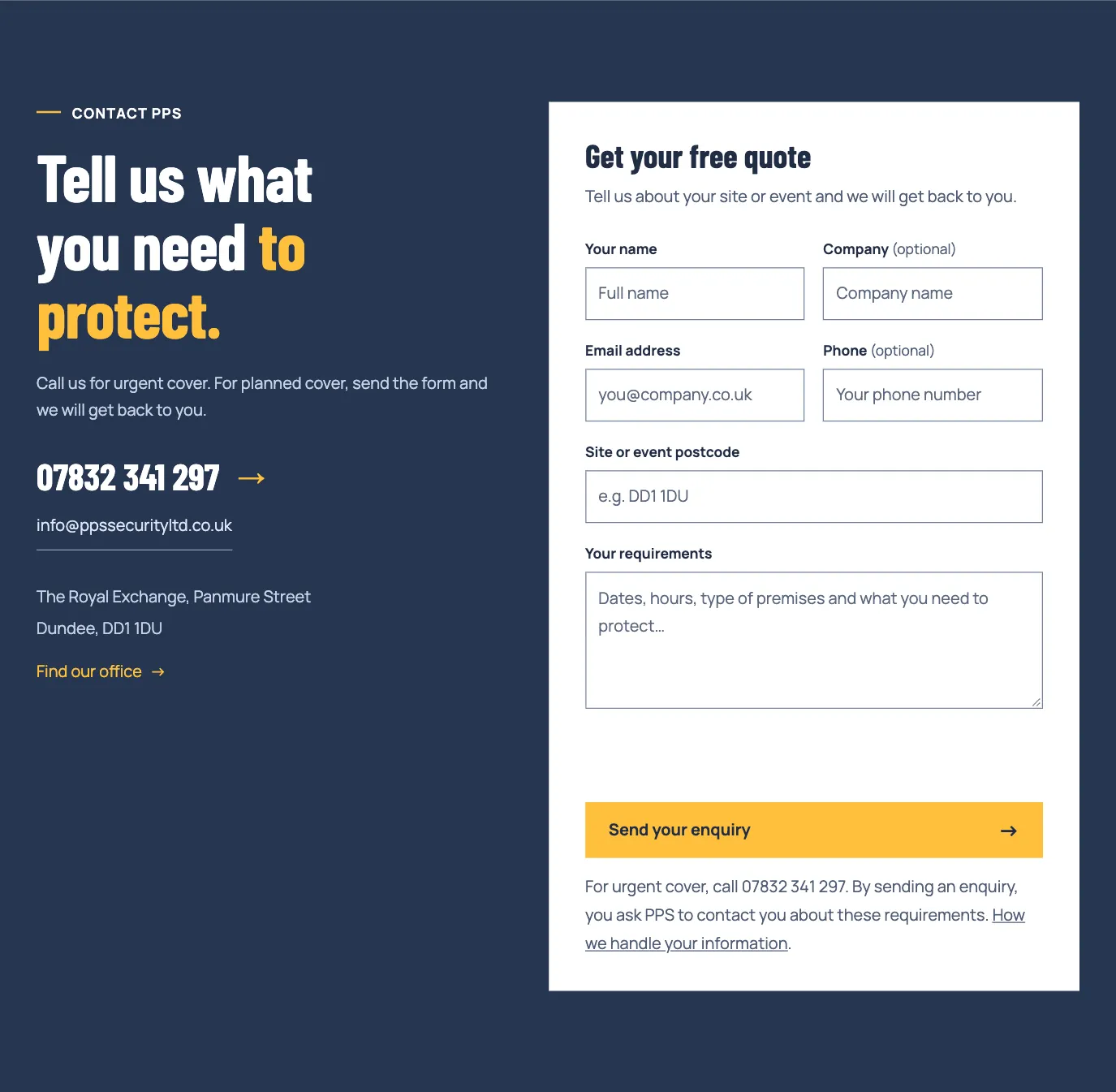 The contact page of the PPS Security site: Tell us what you need to protect, a phone number, an email address, the office address and the Get your free quote form.