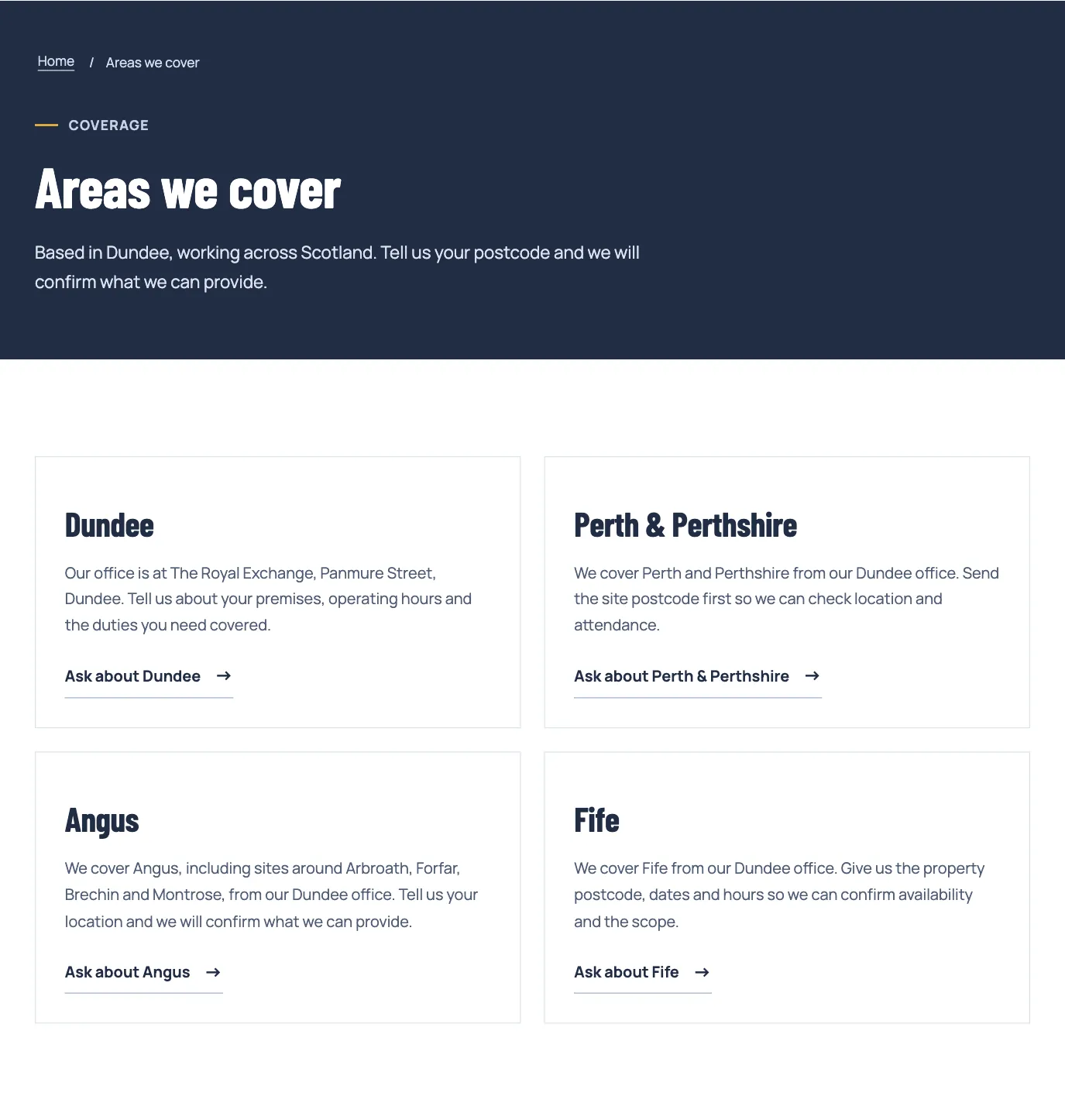 The Areas we cover page of the PPS Security site: the heading and four cards for Dundee, Perth and Perthshire, Angus and Fife, each with a link.