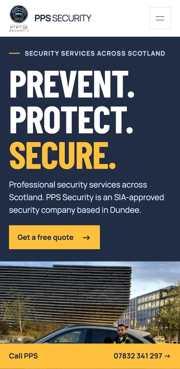 PPS Security's website on a phone: the same headline, a Get a free quote button and a Call PPS bar at the bottom of the screen.