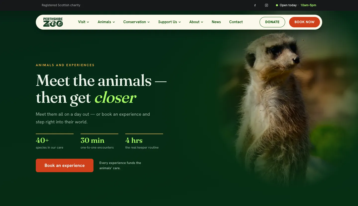 The Animals page of the Perthshire Zoo site: Meet the animals, then get closer, with a meerkat, three figures (40+ species, 30 min, 4 hrs) and a Book an experience button.
