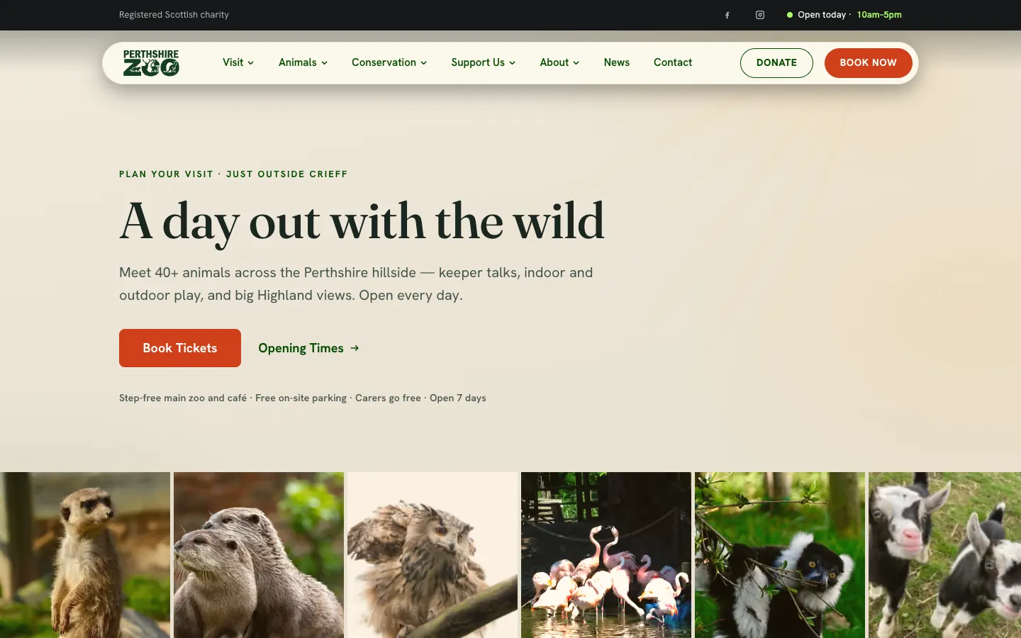 The Visit page of the Perthshire Zoo site: A day out with the wild, with Book Tickets and Opening Times buttons above a row of animal photos.