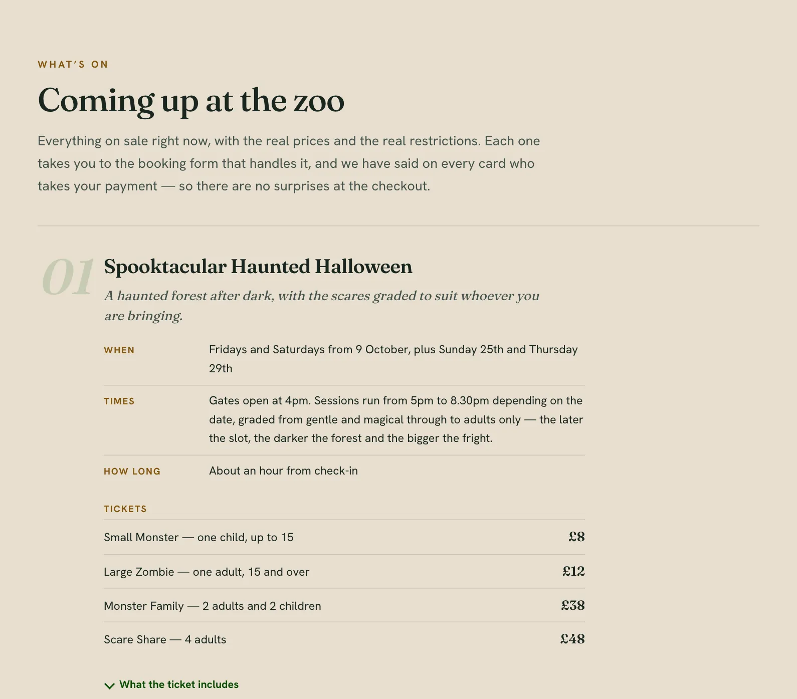 The What’s On page: Coming up at the zoo, with the Spooktacular Haunted Halloween event listing its dates, times and four ticket prices.