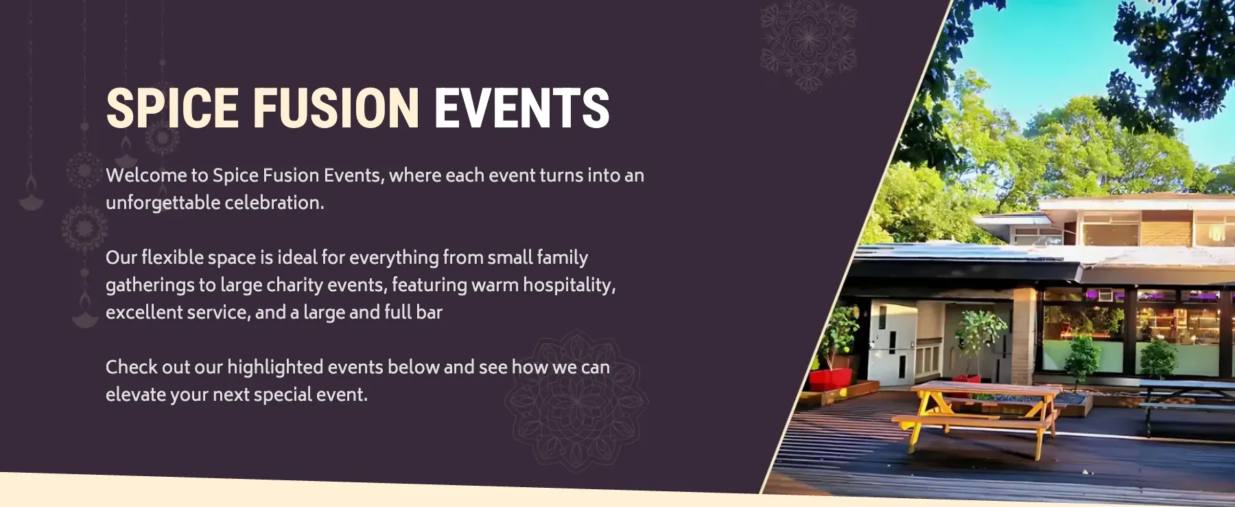 The top of the events page: Spice Fusion Events, with a short welcome about the restaurant’s space for family gatherings and charity events beside a photo of its outdoor seating.