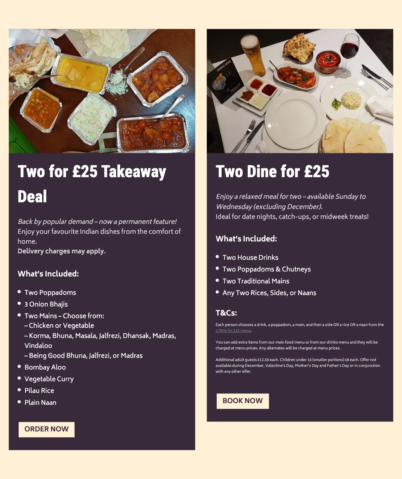 The offers page: two cards, Two for £25 Takeaway Deal with an Order Now button and Two Dine for £25 with a Book Now button, each listing what is included.