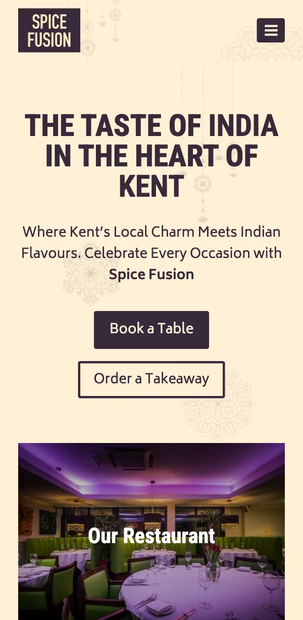 Spice Fusion's website on a phone: The taste of India in the heart of Kent, with Book a Table and Order a Takeaway buttons.