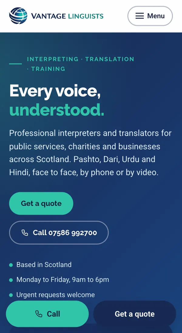 Vantage Linguists' website on a phone: the same headline with a call button and the services.
