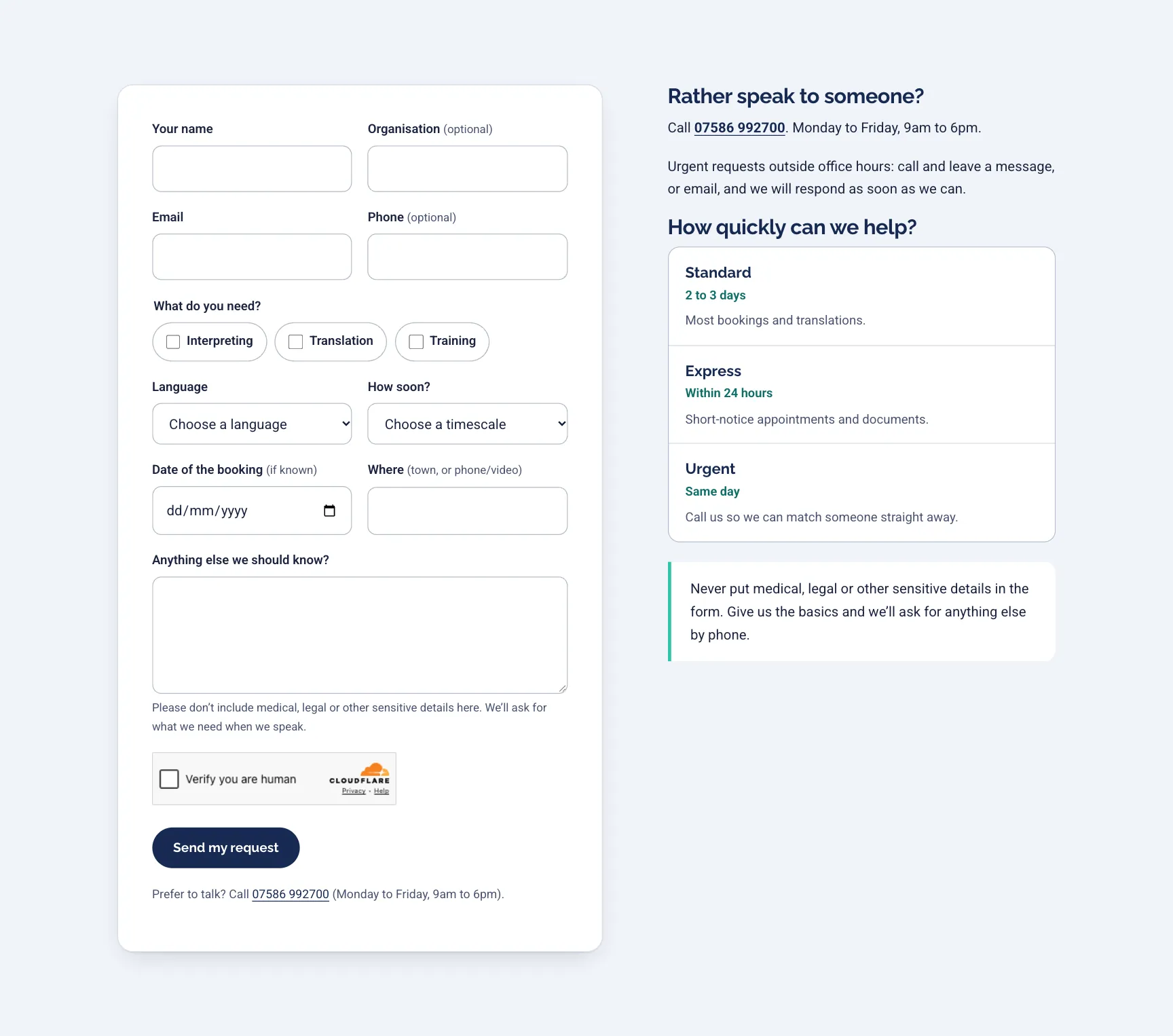 The quote page: a form asking for name, organisation, email, phone, what is needed, language, how soon, date and place, beside the Standard, Express and Urgent turnaround options.